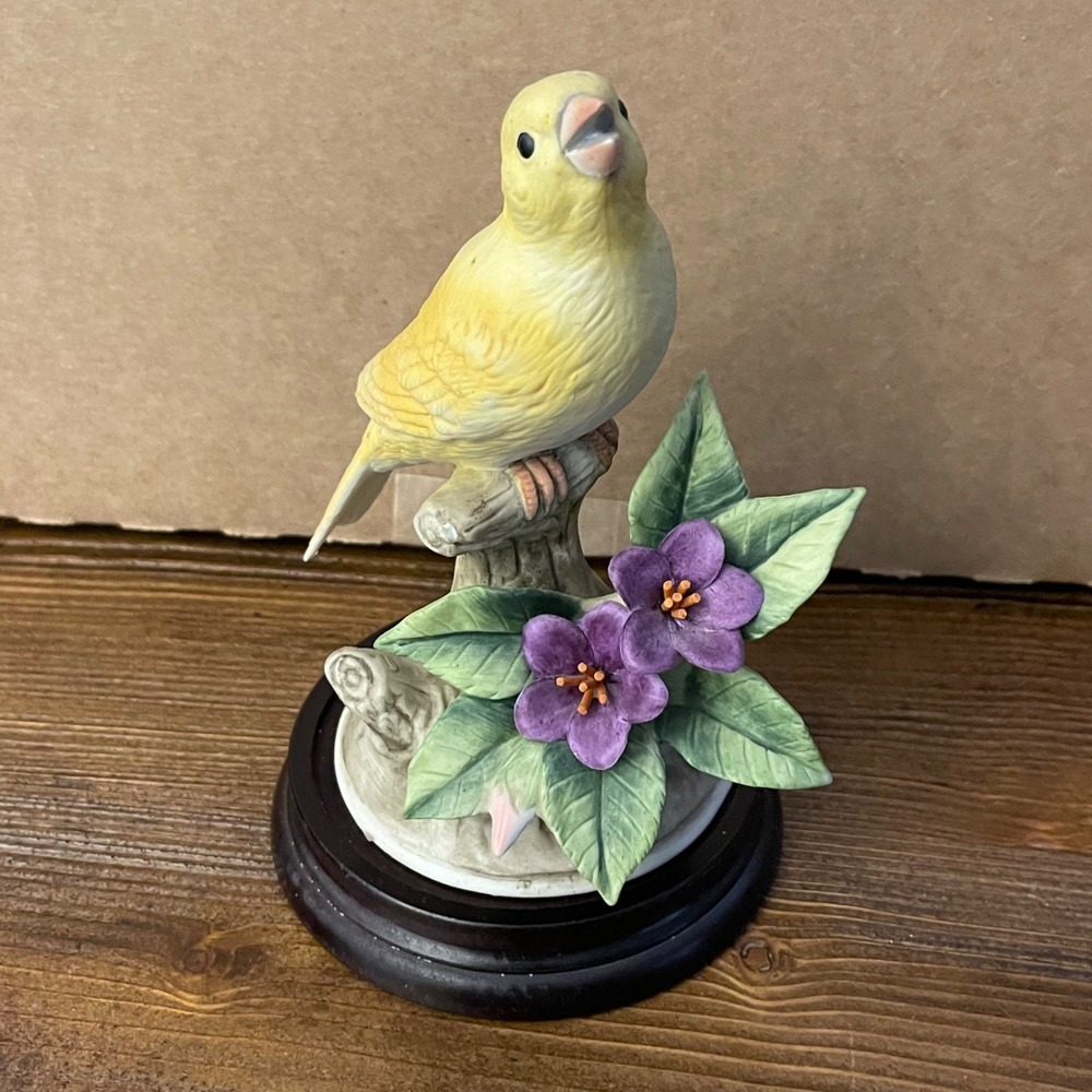 Vintage Andrea by Sadek Canary Figurine 8627 Japan Purple Violets Wood Base
